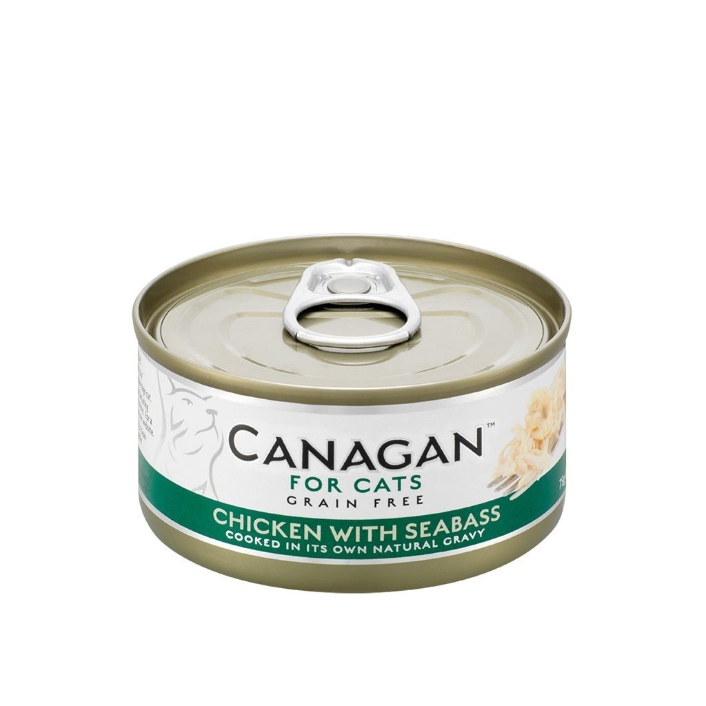 48 罐優惠套裝 - Canagan Chicken with Seabass 無穀物 雞肉伴鱸魚 肉絲貓罐 (深綠) 75g