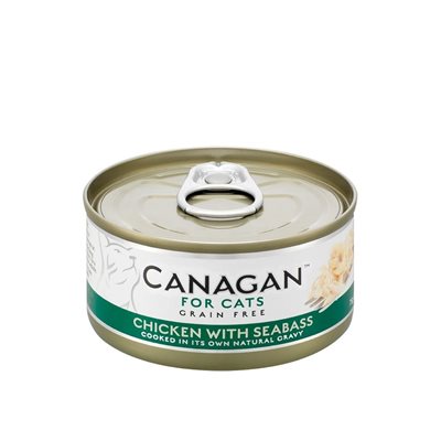 48 罐優惠套裝 - Canagan Chicken with Seabass 無穀物 雞肉伴鱸魚 肉絲貓罐 (深綠) 75g