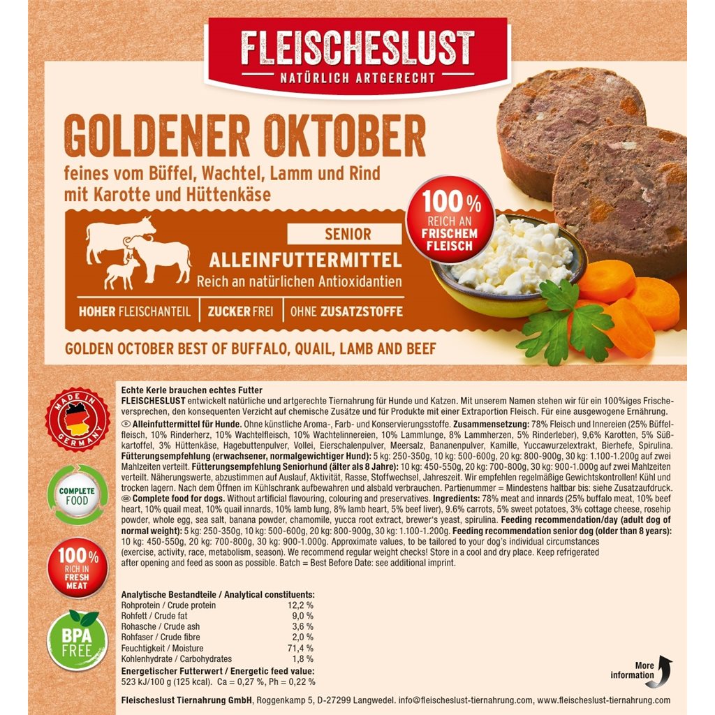 Fleischeslust原尾煮易800g - 鮮味無穀物系列 年長配方 Golden October  (牛、鵪鶉、羊、茅屋芝士) 